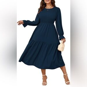NWT Long Sleeve Crewneck Smocked Tiered Maxi Dress